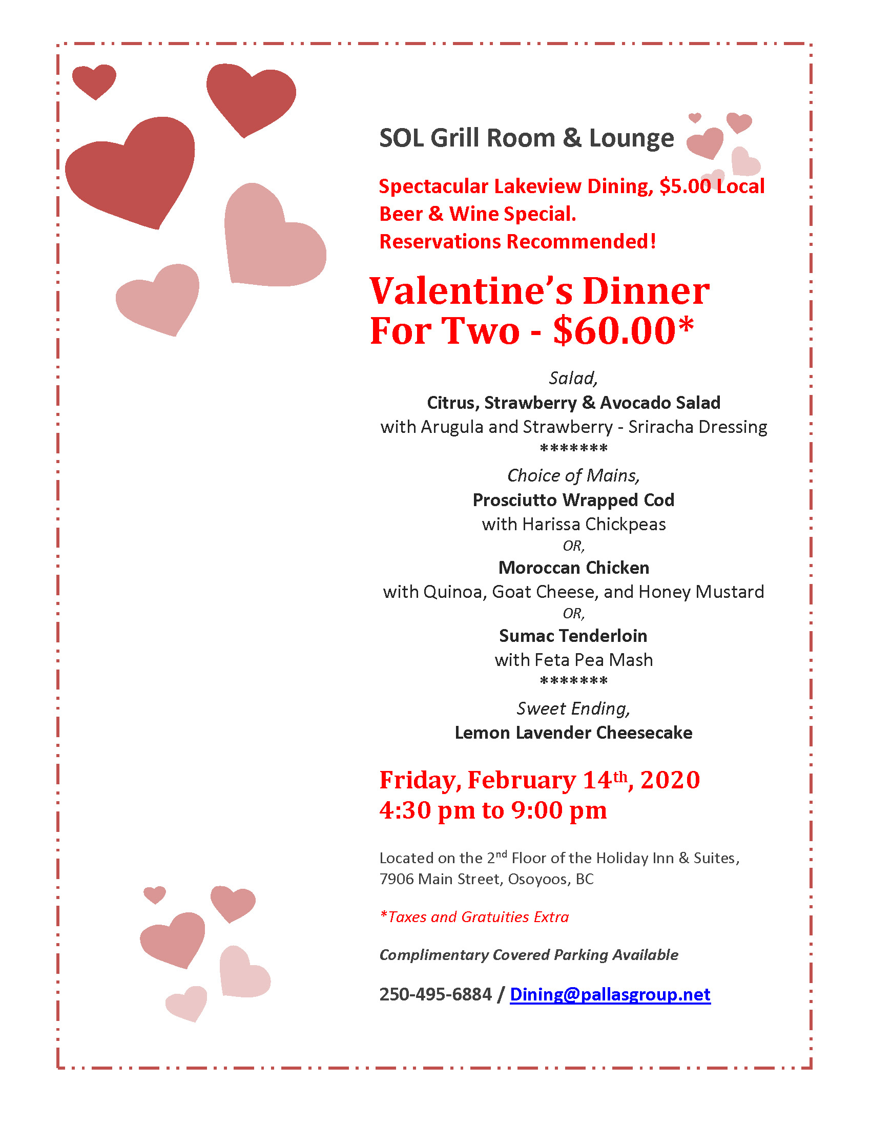 Valentine’s Day Dinner The Sol Grill Room & Lounge, Holiday Inn