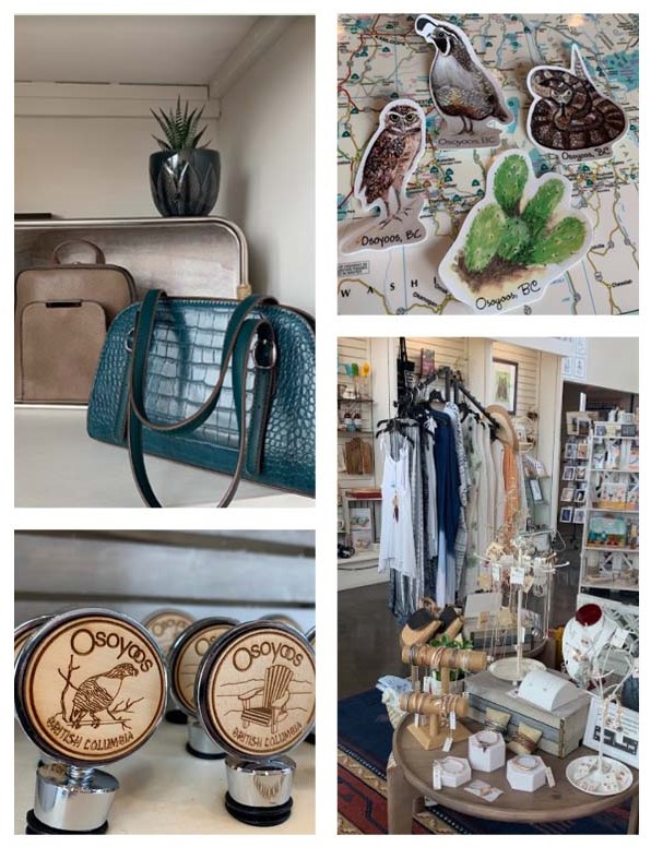 Image is a collage of product shots, including:  purses, wine bottle stoppers, racks of clothing and jewellery, and stickers shaped like cacti, birds, and a rattlesnake.